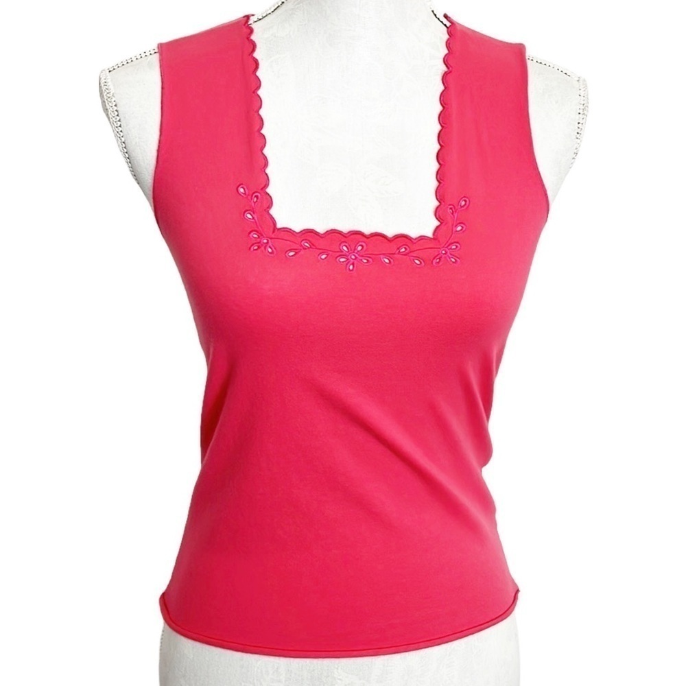 Velvet Tank Top Women's Fitted L Pink Embroidered Cutout Flowers Square‎ Neck